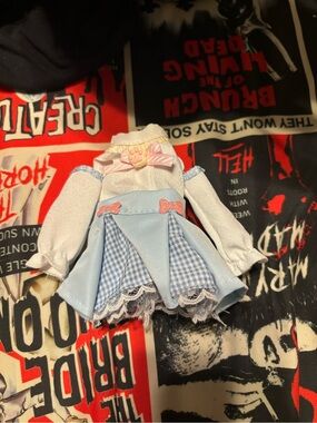 Blue Gingham Blythe Doll Dress with White Sleeves and Pink Bow Accent